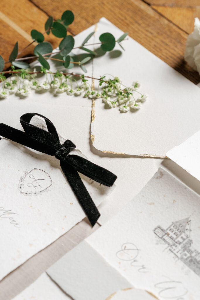 Detail luxuriöser Hochzeitspapeterie mit hochwertigen Materialen insbesondere Samtschleife & Blattgold